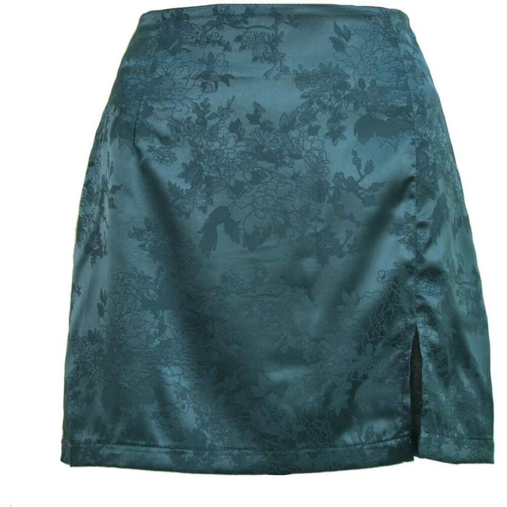 Womens Mini Skirt Wrap Line Jacquard Side Slit Floral High Waist Green S NWT